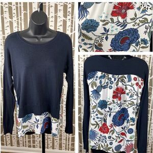 LOFT navy blue sweater with floral printed back panel sz XS
